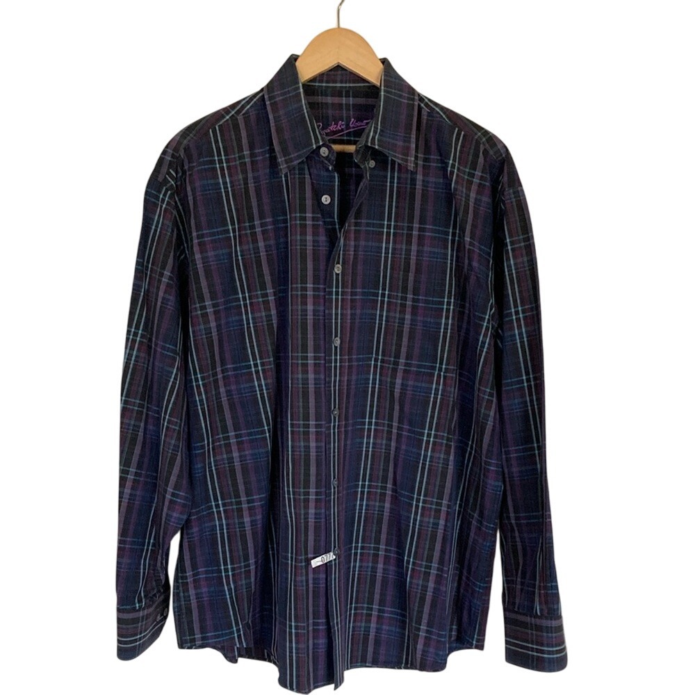 Bugatchi Uomo Men's Plaid Button Up Shirt Size XL Purple Blues Classic Preppy